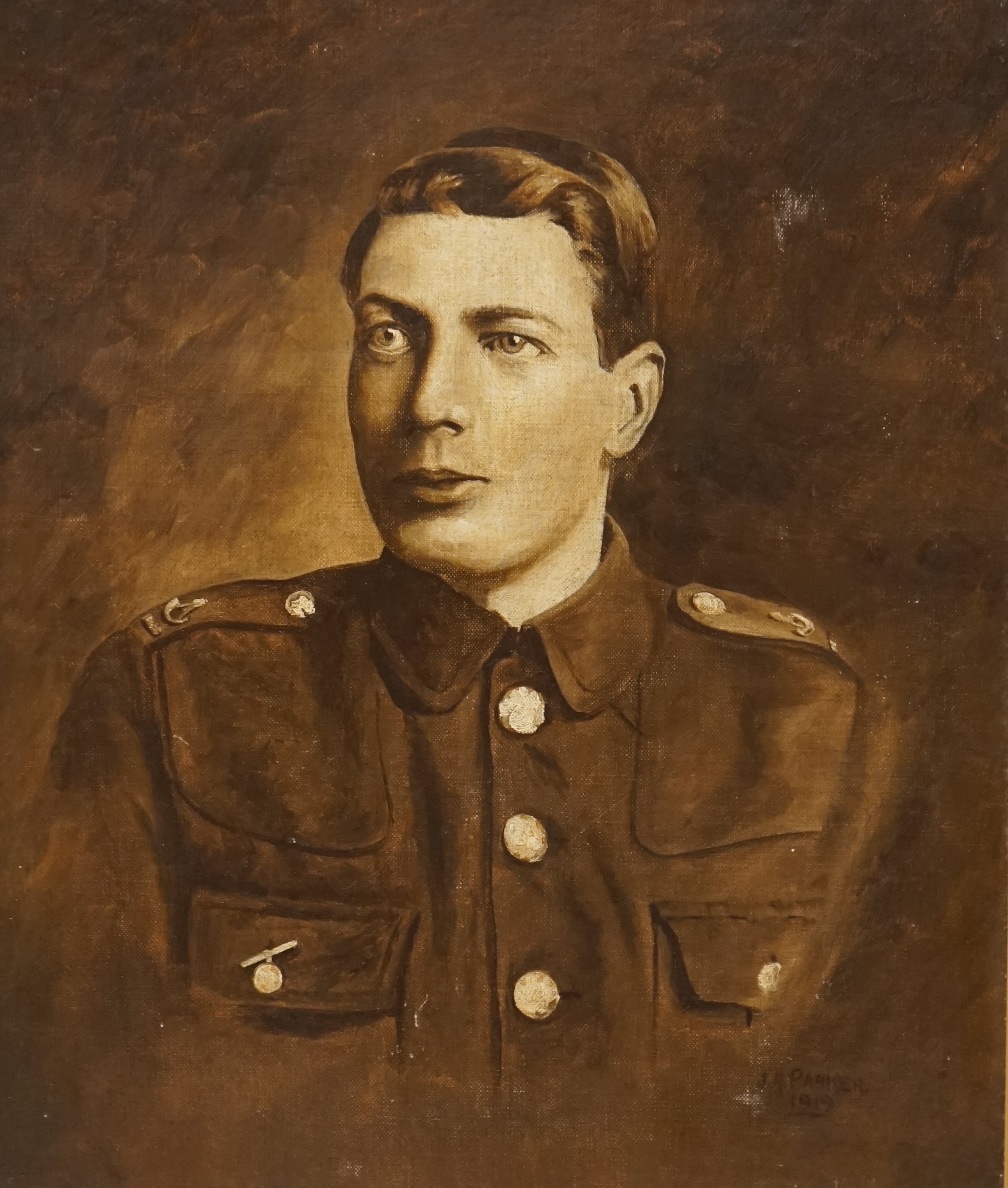 J. R. Parker, WWI interest, monochrome oil on canvas board, Portrait of a gentleman wearing military dress, signed and dated 1919, inscribed Ernest Parker verso, 47 x 39cm. Condition - fair